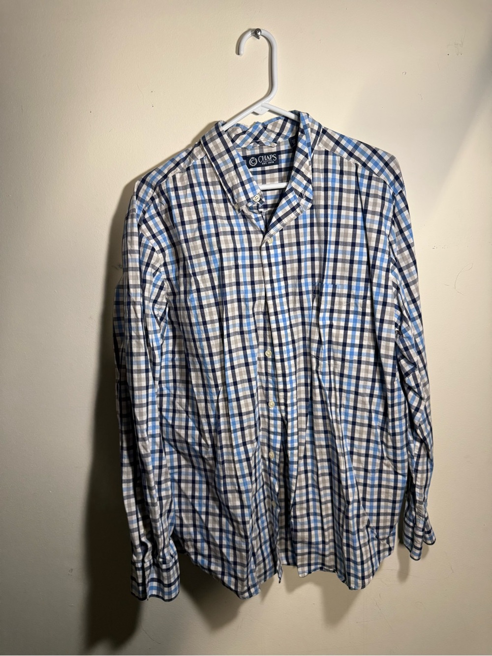 Chaps Men’s Blue and White Plaid Dress Shirt